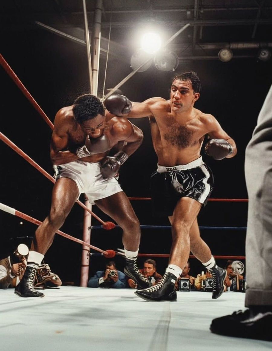 Fight action under the ring lights, black and white
