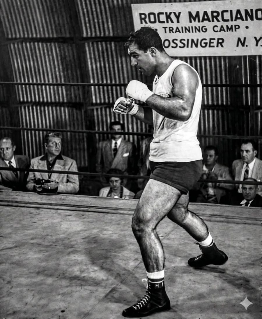 Fighter shadow-boxing at a training camp, vintage